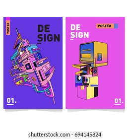 Flat color covers set. Abstract colorful geometric 3d with typography design template. Trendy poster design and colorful theme. 