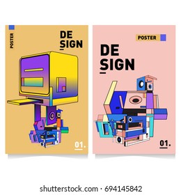 Flat color covers set. Abstract colorful geometric 3d with typography design template. Trendy poster design and colorful theme. 