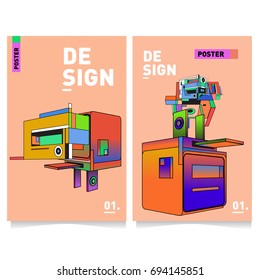 Flat color covers set. Abstract colorful geometric 3d with typography design template. Trendy poster design and colorful theme. 