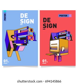 Flat color covers set. Abstract colorful geometric 3d with typography design template. Trendy poster design and colorful theme. 