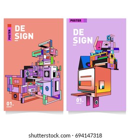 Flat color covers set. Abstract colorful geometric 3d with typography design template. Trendy poster design and colorful theme. 