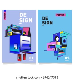 Flat color covers set. Abstract colorful geometric 3d with typography design template. Trendy poster design and colorful theme. 