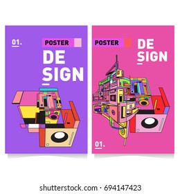 Flat color covers set. Abstract colorful geometric 3d with typography design template. Trendy poster design and colorful theme. 