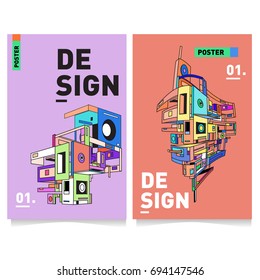 Flat color covers set. Abstract colorful geometric 3d with typography design template. Trendy poster design and colorful theme. 