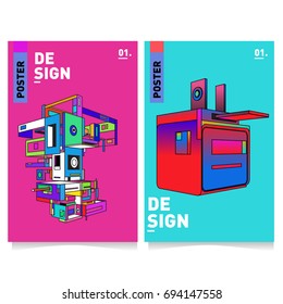 Flat color covers set. Abstract colorful geometric 3d with typography design template. Trendy poster design and colorful theme. 