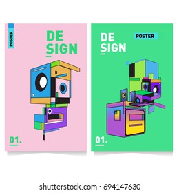 Flat color covers set. Abstract colorful geometric 3d with typography design template. Trendy poster design and colorful theme. 