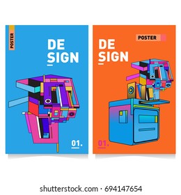 Flat color covers set. Abstract colorful geometric 3d with typography design template. Trendy poster design and colorful theme. 