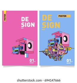 Flat color covers set. Abstract colorful geometric 3d with typography design template. Trendy poster design and colorful theme. 