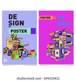 Flat color covers set. Abstract colorful geometric 3d with typography design template. Trendy poster design and colorful theme. 