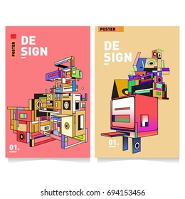 Flat color covers set. Abstract colorful geometric 3d with typography design template. Trendy poster design and colorful theme. 