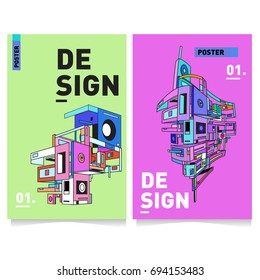 Flat color covers set. Abstract colorful geometric 3d with typography design template. Trendy poster design and colorful theme. 