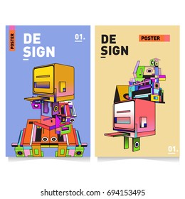 Flat color covers set. Abstract colorful geometric 3d with typography design template. Trendy poster design and colorful theme. 