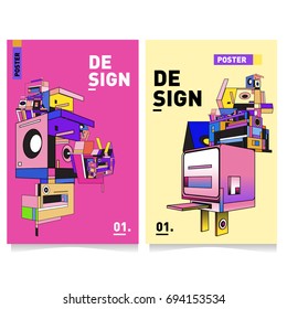 Flat color covers set. Abstract colorful geometric 3d with typography design template. Trendy poster design and colorful theme. 