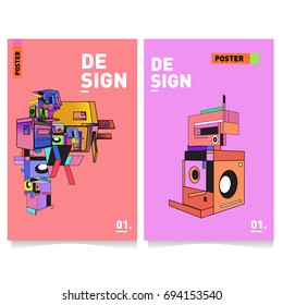 Flat color covers set. Abstract colorful geometric 3d with typography design template. Trendy poster design and colorful theme. 