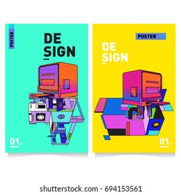 Flat color covers set. Abstract colorful geometric 3d with typography design template. Trendy poster design and colorful theme. 