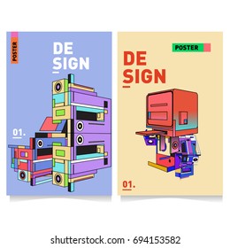 Flat color covers set. Abstract colorful geometric 3d with typography design template. Trendy poster design and colorful theme. 