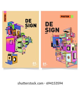 Flat color covers set. Abstract colorful geometric 3d with typography design template. Trendy poster design and colorful theme. 