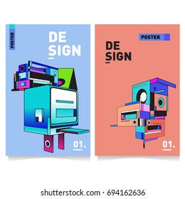 Flat color covers set. Abstract colorful geometric 3d with typography design template. Trendy poster design and colorful theme. 