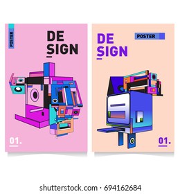 Flat color covers set. Abstract colorful geometric 3d with typography design template. Trendy poster design and colorful theme. 