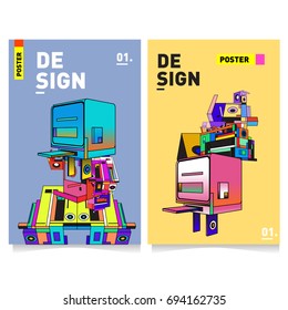 Flat color covers set. Abstract colorful geometric 3d with typography design template. Trendy poster design and colorful theme. 