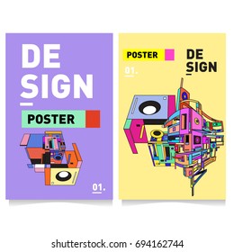 Flat color covers set. Abstract colorful geometric 3d with typography design template. Trendy poster design and colorful theme. 