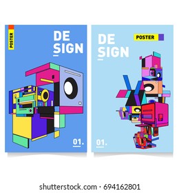 Flat color covers set. Abstract colorful geometric 3d with typography design template. Trendy poster design and colorful theme. 