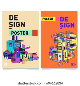 Flat color covers set. Abstract colorful geometric 3d with typography design template. Trendy poster design and colorful theme. 