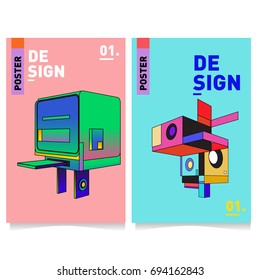 Flat color covers set. Abstract colorful geometric 3d with typography design template. Trendy poster design and colorful theme. 