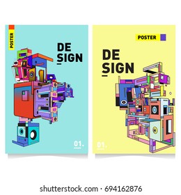 Flat color covers set. Abstract colorful geometric 3d with typography design template. Trendy poster design and colorful theme. 