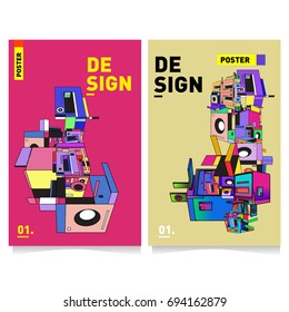 Flat color covers set. Abstract colorful geometric 3d with typography design template. Trendy poster design and colorful theme. 