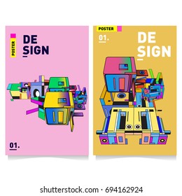 Flat color covers set. Abstract colorful geometric 3d with typography design template. Trendy poster design and colorful theme. 