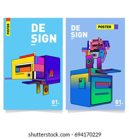 Flat color covers set. Abstract colorful geometric 3d with typography design template. Trendy poster design and colorful theme. 