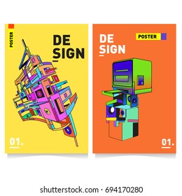 Flat color covers set. Abstract colorful geometric 3d with typography design template. Trendy poster design and colorful theme. 