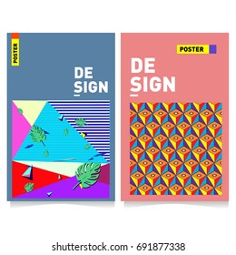 Flat color covers set. Colorful geometric shapes with typography poster design template. Trendy design and colorful summer theme. 