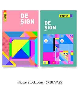 Flat color covers set. Colorful geometric shapes with typography poster design template. Trendy design and colorful summer theme. 