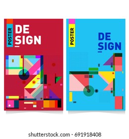 Flat color covers set. Colorful geometric shapes with typography poster design template. Trendy design and colorful summer theme. 