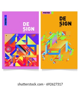 Flat color covers set. Colorful geometric shapes with typography poster design template. Trendy design and colorful summer theme. 