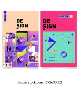 Flat color covers set. Colorful geometric shapes with typography poster design template. Trendy design and colorful summer theme. 