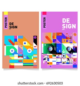 Flat color covers set. Colorful geometric shapes with typography poster design template. Trendy design and colorful summer theme. 