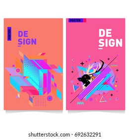 Flat color covers set. Colorful geometric shapes with typography poster design template. Trendy design and colorful summer theme. 