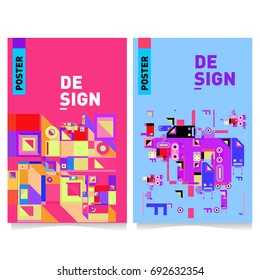 Flat color covers set. Colorful geometric shapes with typography poster design template. Trendy design and colorful summer theme. 