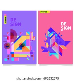 Flat color covers set. Colorful geometric shapes with typography poster design template. Trendy design and colorful summer theme. 