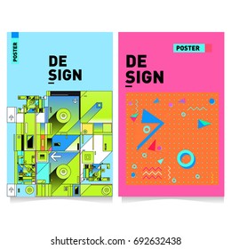 Flat color covers set. Colorful geometric shapes with typography poster design template. Trendy design and colorful summer theme. 