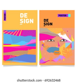 Flat color covers set. Colorful geometric shapes with typography poster design template. Trendy design and colorful summer theme. 