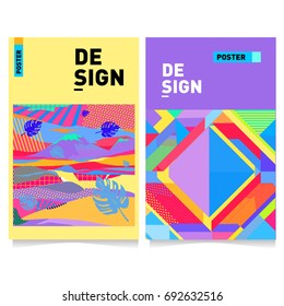 Flat color covers set. Colorful geometric shapes with typography poster design template. Trendy design and colorful summer theme. 