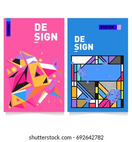 Flat color covers set. Colorful geometric shapes with typography poster design template. Trendy design and colorful summer theme. 