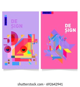 Flat color covers set. Colorful geometric shapes with typography poster design template. Trendy design and colorful summer theme. 