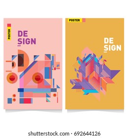 Flat color covers set. Colorful geometric shapes with typography poster design template. Trendy design and colorful summer theme. 