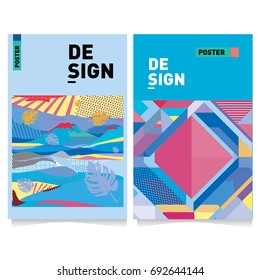 Flat color covers set. Colorful geometric shapes with typography poster design template. Trendy design and colorful summer theme. 
