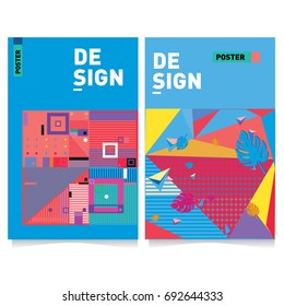 Flat color covers set. Colorful geometric shapes with typography poster design template. Trendy design and colorful summer theme. 